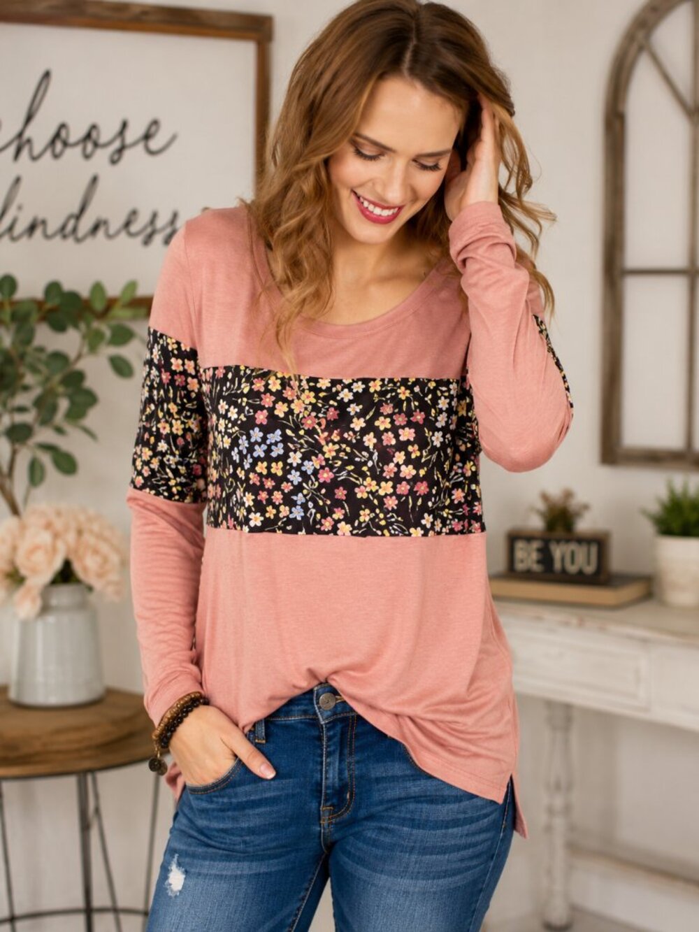 P.S. Kate Dusty Pink Floral Color Block Top | Made in USA | Boutique NWOT